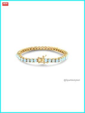 18K Gold Plated Blue Opal Tennis Bracelet 4mm Lab Grown Gemstone